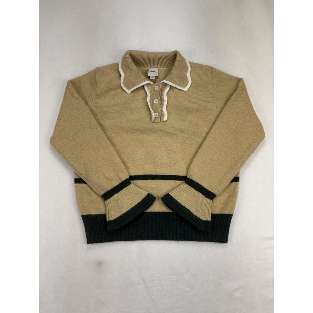 Maeve Khaki Polo Collar Sweater with Black Trim - Picture 2 of 11